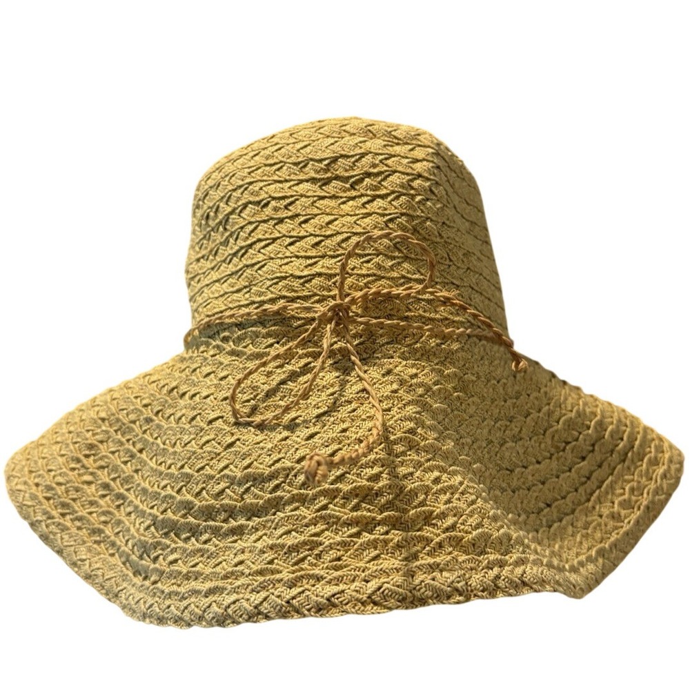 Talbots Woven Straw Sun Hat Wide Brim Paper Cotton Blend With Bow Natural Tan
